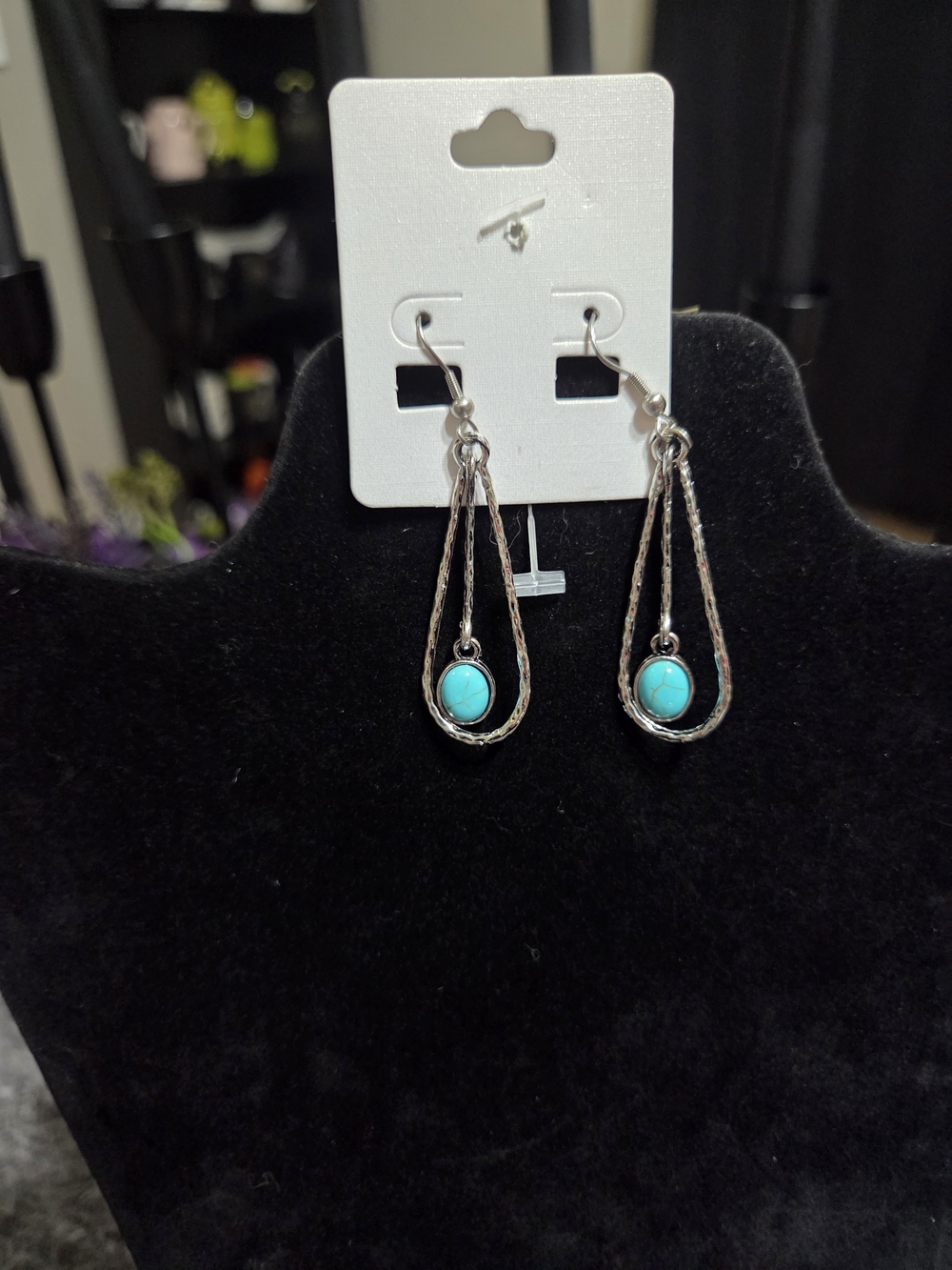 Silver Teardrop Earrings with Turquoise Stone - Women Jewelry
